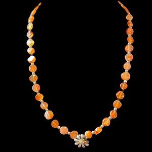 Sterling Silver Orange Agate Daisy Flower Charm Vintage Necklace